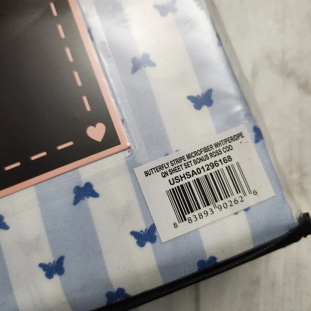 Betsey Johnson 6pc Queen Sheet Set White Blue Butterfly Stripe Floral Chic